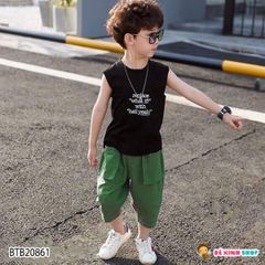 [XẢ KHO] Set áo sát nách in chữ quần linen túi hộp dễ thương cho bé trai BTB20861