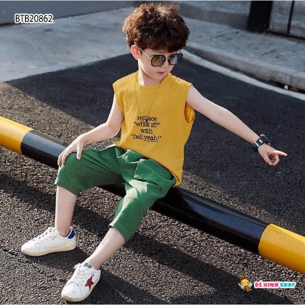 [XẢ KHO] Set áo sát nách in chữ quần linen túi hộp dễ thương cho bé trai BTB20861