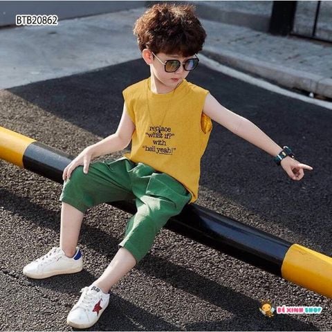 [XẢ KHO] Set áo sát nách in chữ quần linen túi hộp dễ thương cho bé trai BTB20861