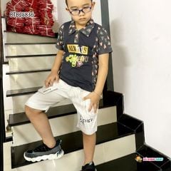 Set áo thun cổ trụ in tim ALWAYS quần kaki sọc ĐEN BTB25836