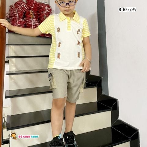 Set áo thun cổ trụ chữ quần linen dễ thương cho bé trai BTB25795