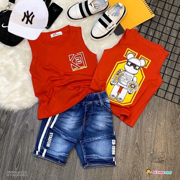 Set áo sát nách gấu quần jeans dễ thương cho bé trai BTB21951