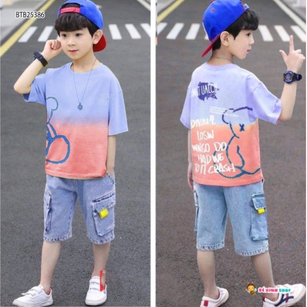 [XẢ KHO] Set jeans loang màu in gấu dễ thương cho bé trai BTB25385