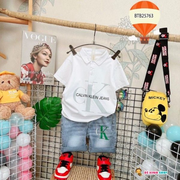 Set jean cổ trụ CK dễ thương cho bé trai BTB25760