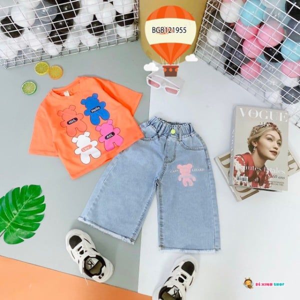 Set jeans gấu Hirl Hello quần ống rộng dễ thương cho bé gái BGB121950