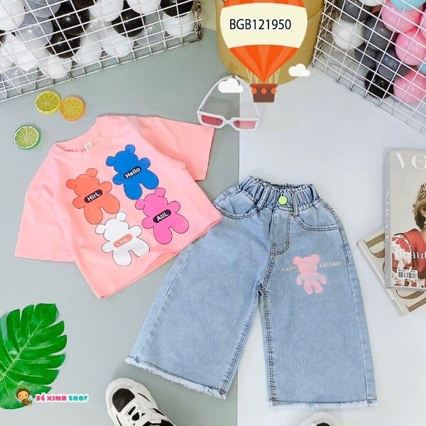 Set jeans gấu Hirl Hello quần ống rộng dễ thương cho bé gái BGB121950