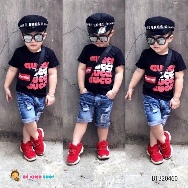 [XẢ KHO] Set áo thun in chữ nổi Gucc quần jeans wash rách dễ thương cho bé trai BTB20459