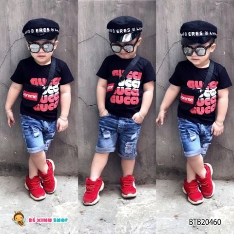 [XẢ KHO] Set áo thun in chữ nổi Gucc quần jeans wash rách dễ thương cho bé trai BTB20459