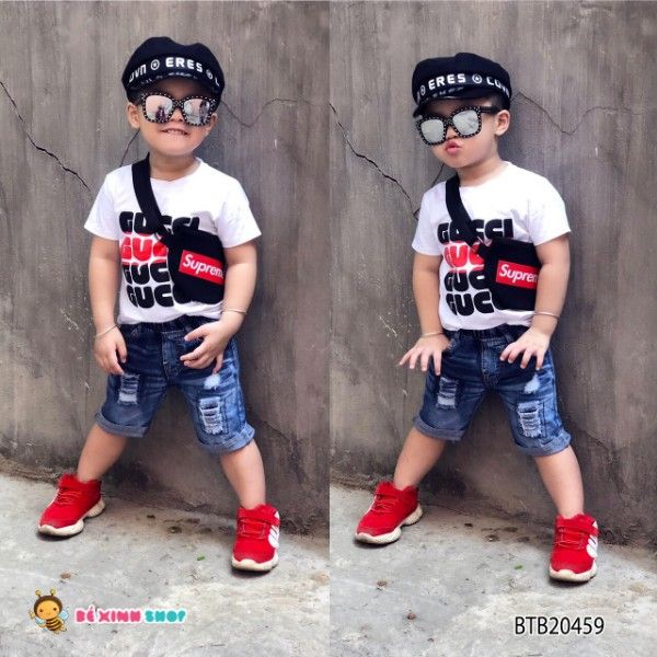 [XẢ KHO] Set áo thun in chữ nổi Gucc quần jeans wash rách dễ thương cho bé trai BTB20459