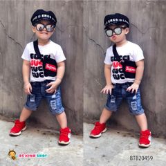 [XẢ KHO] Set áo thun in chữ nổi Gucc quần jeans wash rách dễ thương cho bé trai BTB20459