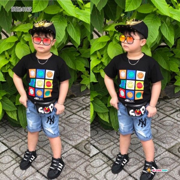 [XẢ KHO] Set jeans in mặt cười dễ thương cho bé trai 2 - 9 Tuổi BTB24182