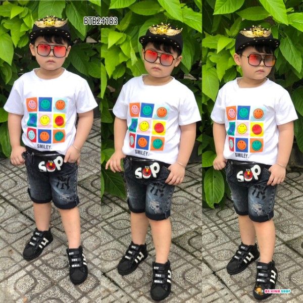 [XẢ KHO] Set jeans in mặt cười dễ thương cho bé trai 2 - 9 Tuổi BTB24182
