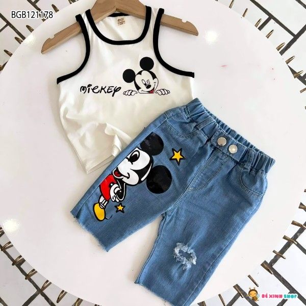 Set jeans lửng Mickey dễ thương cho bé gái BGB121178