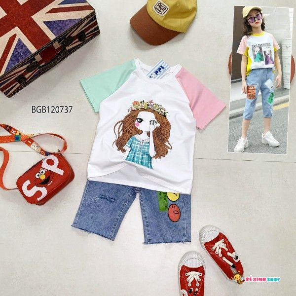 Set jean tay phối màu in cô gái dễ thương cho bé gái BGB120735