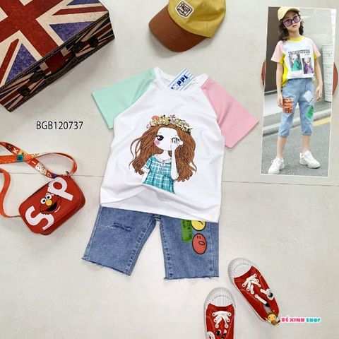 [XẢ KHO] Set jean tay phối màu in cô gái dễ thương cho bé gái BGB120735