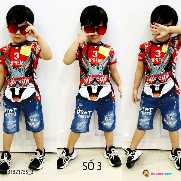 [XẢ KHO] Set áo thun lạnh 3D quần jeans dễ thương cho bé trai BTB21755