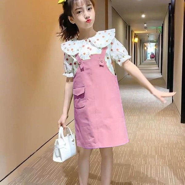 [XẢ KHO] Set áo họa tiết trái cây kèm yếm kaki dễ thương cho bé gái BGB120727