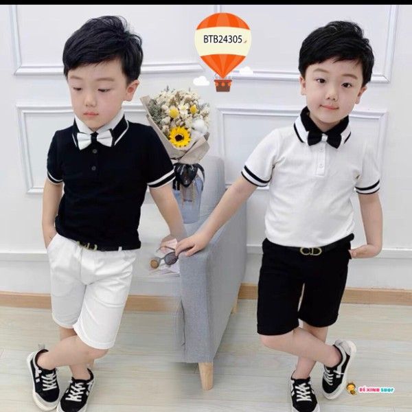 [XẢ KHO] Set thun cổ trụ phối nơ quần kaki dễ thương cho bé trai BTB24305