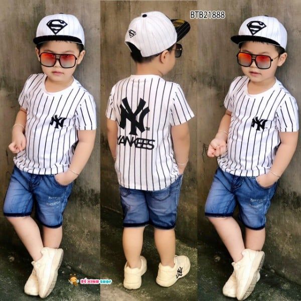 Set áo thun sọc NY quần jeans dễ thương cho bé trai BTB21887