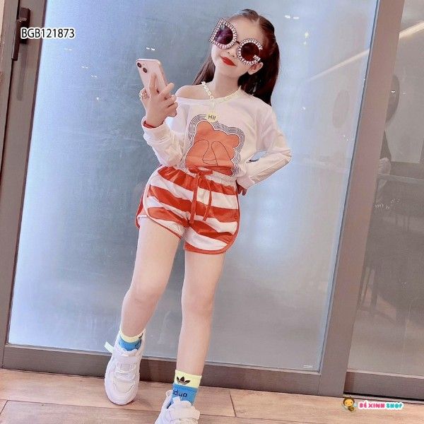 Set đùi QUẦN SỌC áo tay dài gấu dễ thương cho bé gái BGB121871