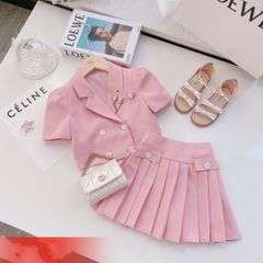 Set áo vest kèm cài áo chân váy xếp ly dễ thương cho bé gái BGB121853