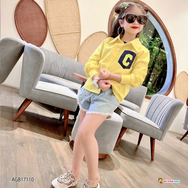 Áo sơ mi dài tay túi chữ C dễ thương cho bé gái AGB17108