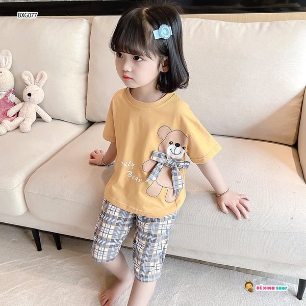 [XẢ KHO] Bộ áo gấu nơ quần ca rô dễ thương cho bé gái BXG076