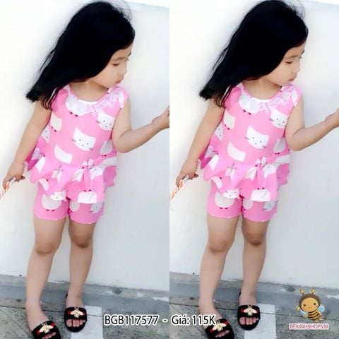 Bộ kate peplum mặc nhà in mèo dễ thương cho bé gái BGB117577