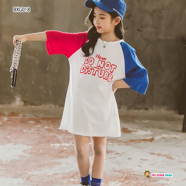 Đầm form rộng tay raplang phối màu dễ thương cho bé gái BXG020
