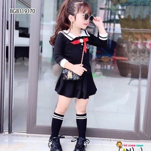 [XẢ KHO] Set áo dài tay cổ sơ mi nơ kèm chân váy dễ thương cho bé gái BGB119168
