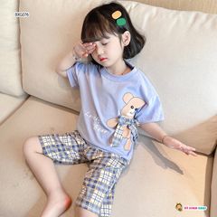 [XẢ KHO] Bộ áo gấu nơ quần ca rô dễ thương cho bé gái BXG076