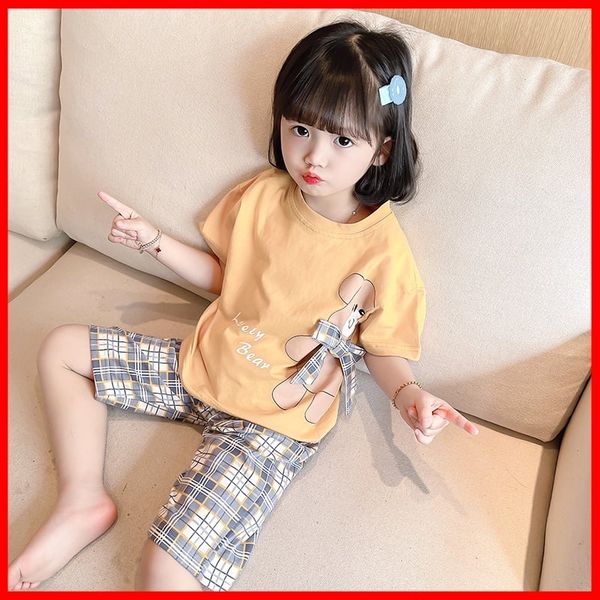 [XẢ KHO] Bộ áo gấu nơ quần ca rô dễ thương cho bé gái BXG076