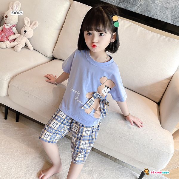 [XẢ KHO] Bộ áo gấu nơ quần ca rô dễ thương cho bé gái BXG076