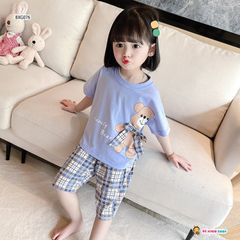[XẢ KHO] Bộ áo gấu nơ quần ca rô dễ thương cho bé gái BXG076