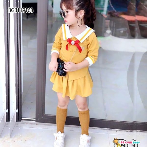 [XẢ KHO] Set áo dài tay cổ sơ mi nơ kèm chân váy dễ thương cho bé gái BGB119168