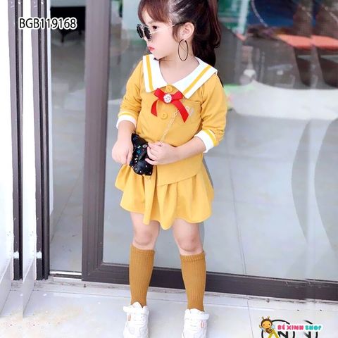 [XẢ KHO] Set áo dài tay cổ sơ mi nơ kèm chân váy dễ thương cho bé gái BGB119168