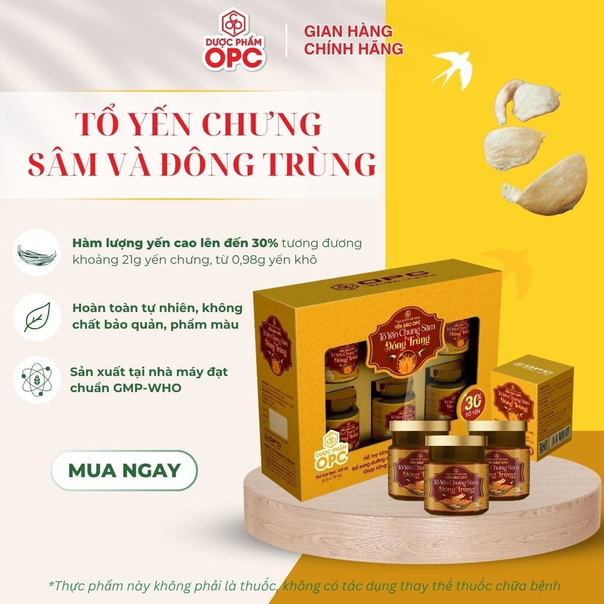  TPBS. YẾN SÀO OPC - TỔ YẾN CHƯNG SÂM VÀ ĐÔNG TRÙNG (Hộp 6 lọ) 