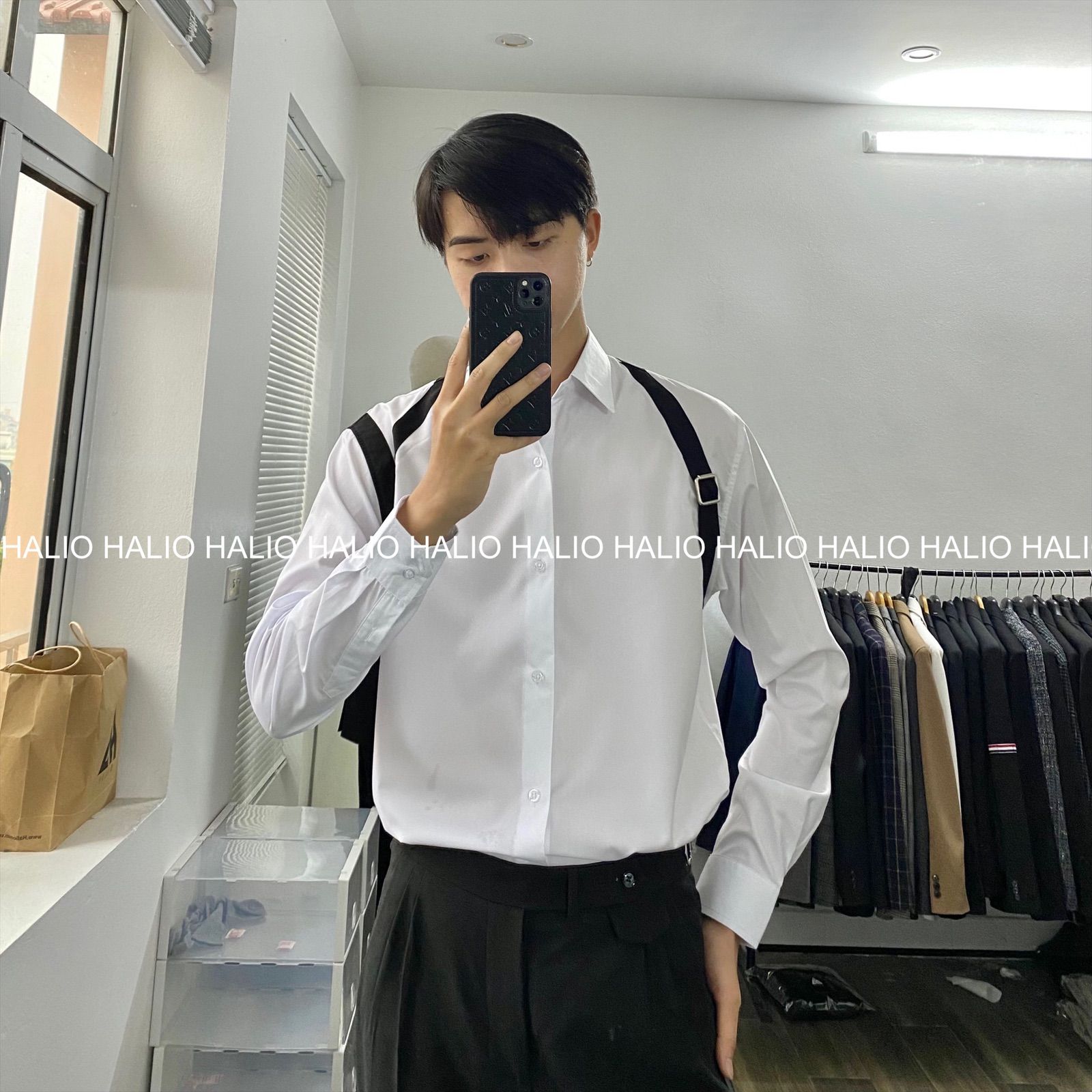 Áo sơ mi nam dài tay trắng phối dây đaiform chuẩnít nhănbền màu  R   haliofashion
