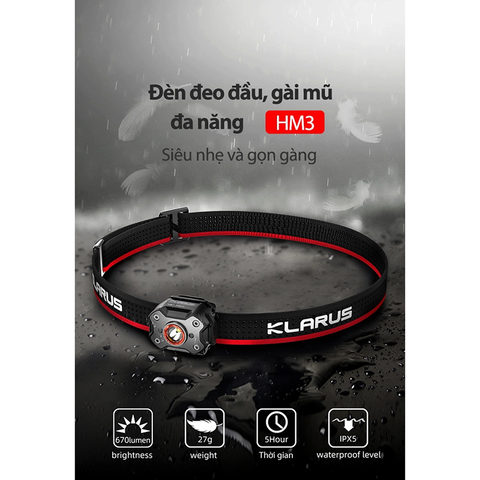 Đèn pin đeo đầu gài mũ siêu nhẹ KLARUS HM3