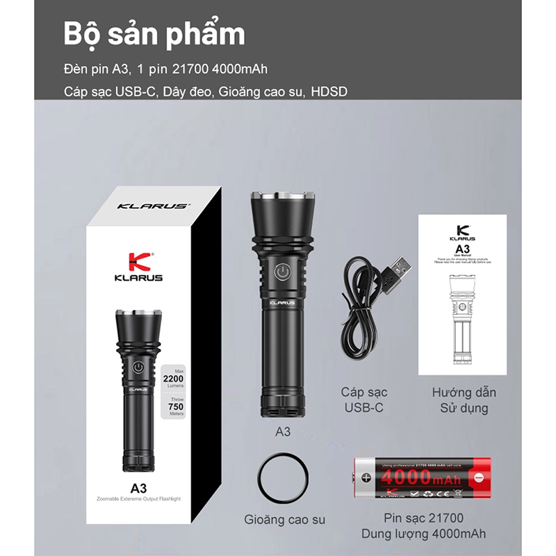 Đèn pin zoom KLARUS A3