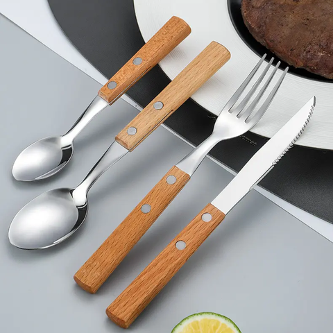 Bộ đồ bàn ăn dã ngoại 4 món (dao, muỗng, nĩa, muỗng cafe) cán gỗ vintage Vultura VTR-TW2404