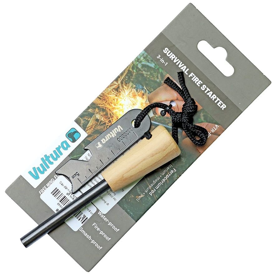 Cây đánh lửa sinh tồn Ferro rod cán gỗ Vultura VTR-FS2401