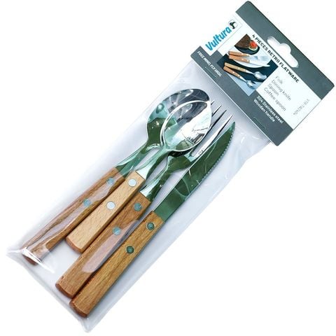 Bộ đồ bàn ăn dã ngoại 4 món (dao, muỗng, nĩa, muỗng cafe) cán gỗ vintage Vultura VTR-TW2404