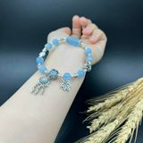  Vòng tay đá aquamarine mix lu thống và charm bạc 