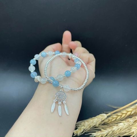  Vòng tay đá Aquamarine và Moonstone mix bạc 