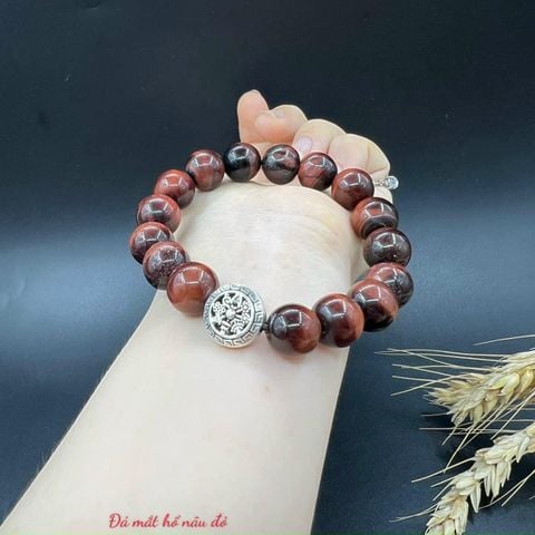 Vòng Tay Nam Mắt Hổ Nâu Đỏ Vip mix charm
