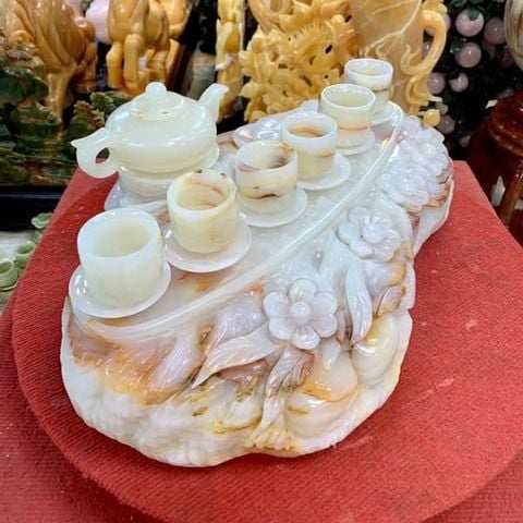 Bộ ấm chén ngọc Onyx trắng nguyên khối VIP