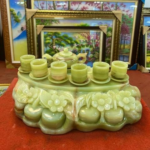 Bộ ấm chén ngọc Onyx xanh nguyên khối VIP