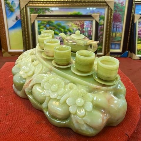 Bộ ấm chén ngọc Onyx xanh nguyên khối VIP