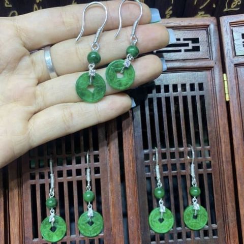  Bông Tai Bạc Gắn Đồng Xu Kim Tiền Đá Quý 